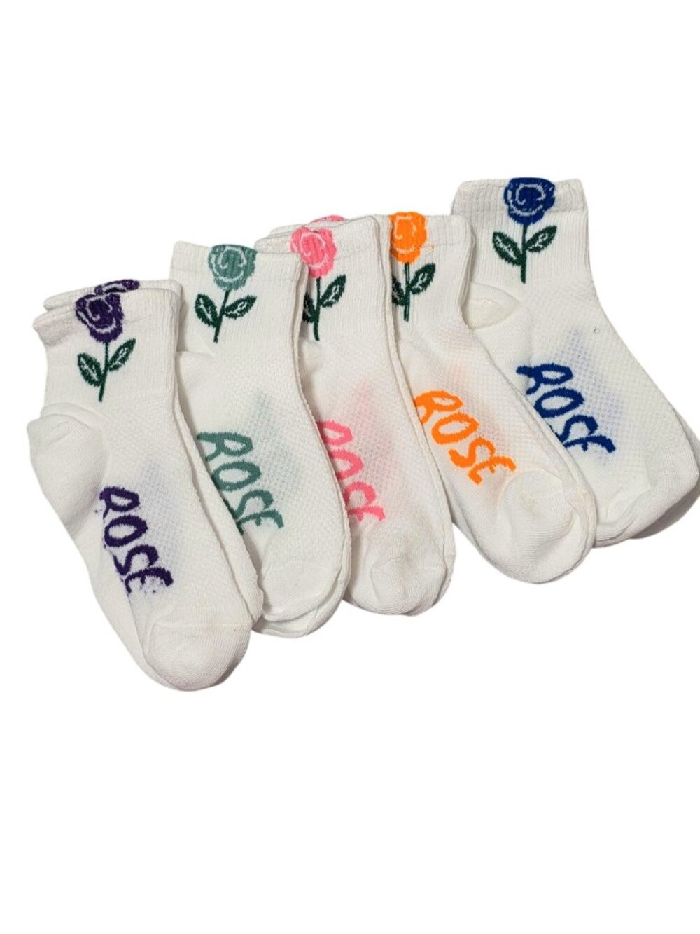 NWT-Rose Embroidered Ankle Socks For Women 5-Pair Set White With Bright Floral D
